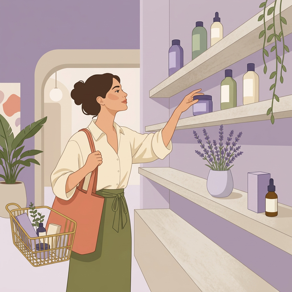 Illustration of a woman browsing a wellness shelf